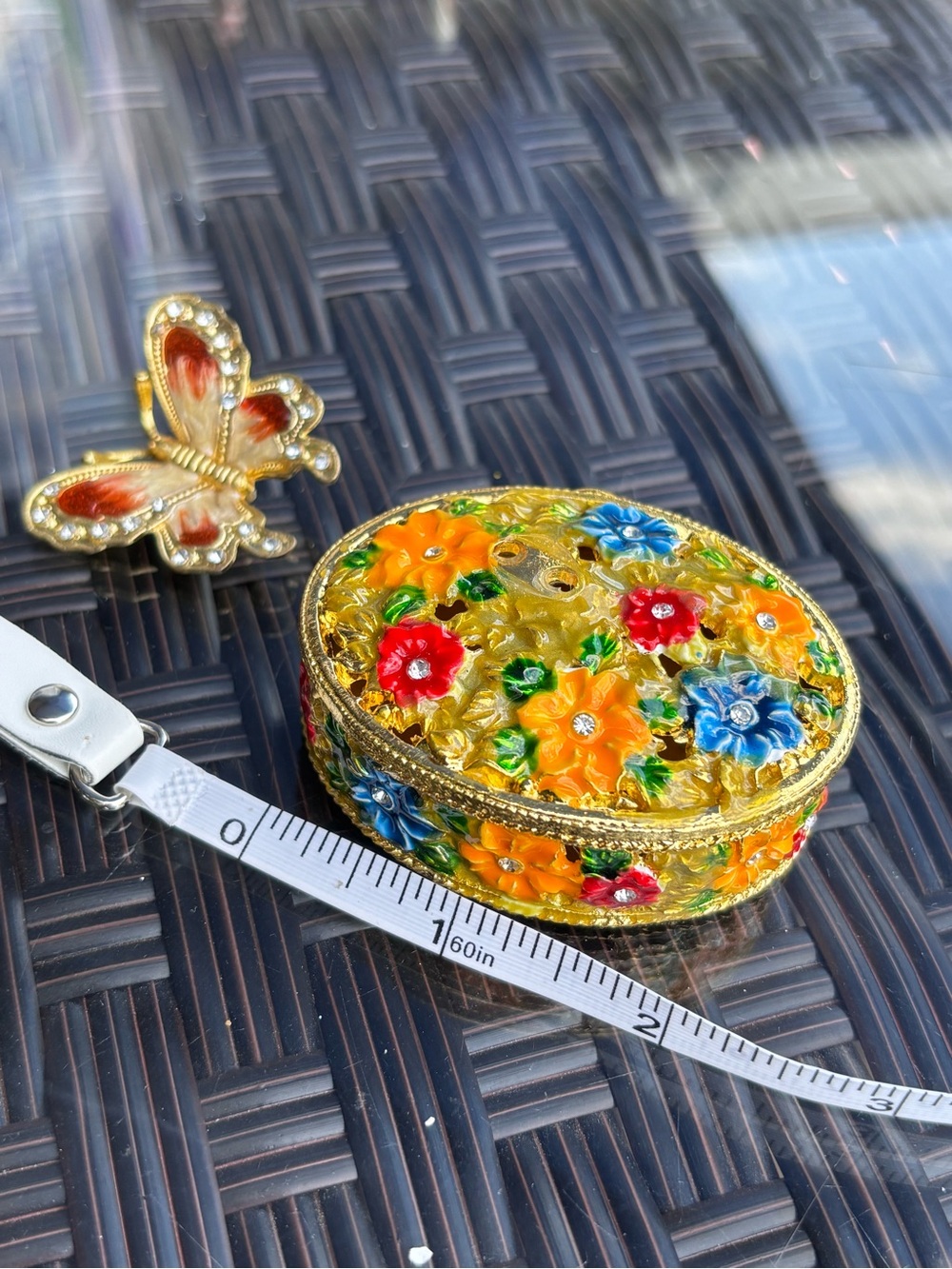 Gold Floral Enamel Trinket Box with Multicolor Flowers